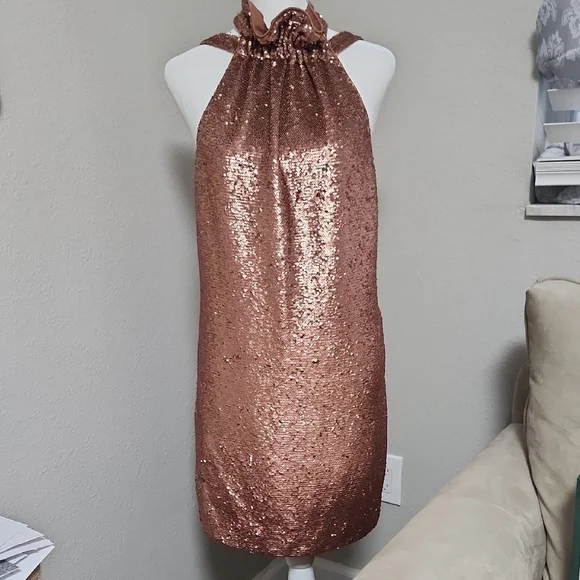 C/MEO Collective Illuminated copper sequin halter mini dress